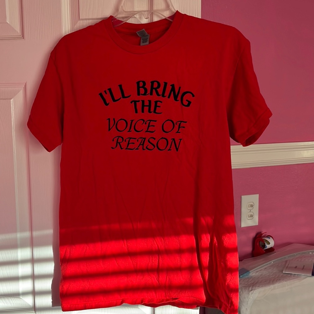 Medium Gildan red t-shirt. Black writing